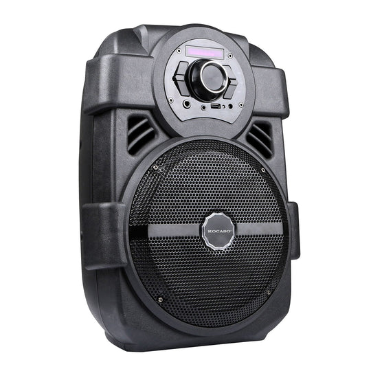 KOCASO Wireless Speaker Portable PA Karaoke System with 8" Subwoofer Sound System Wired Microphone w/ DJ Lights FM Remote Control
