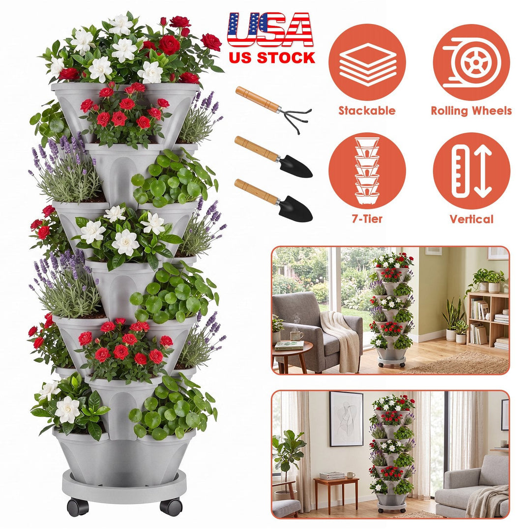 7-Tier Stackable Vertical Planter with Wheels and Drainage