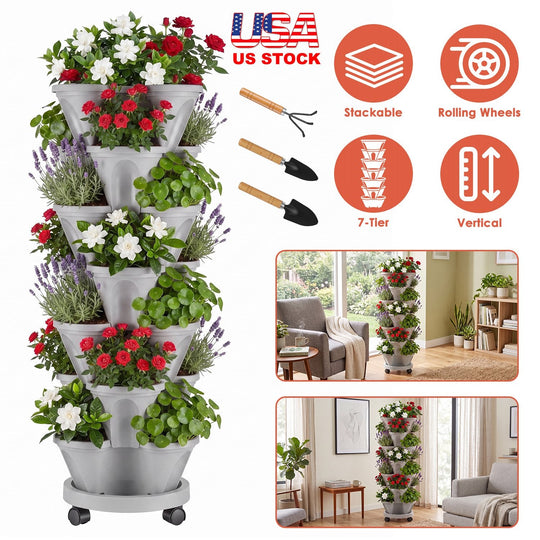 7-Tier Stackable Vertical Planter with Wheels and Drainage