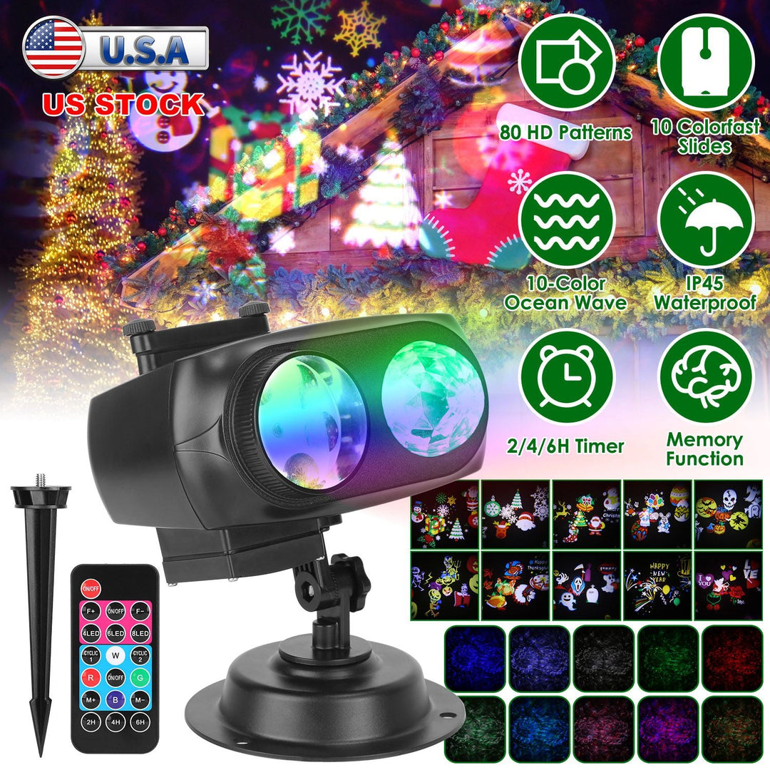 2 In 1 Holiday Projector Light Projection Lamp Indoor Outdoor with 10-Color Ocean Wave 10 HD Slides 3 Bases Remote Control for New Year Valentine\'s D