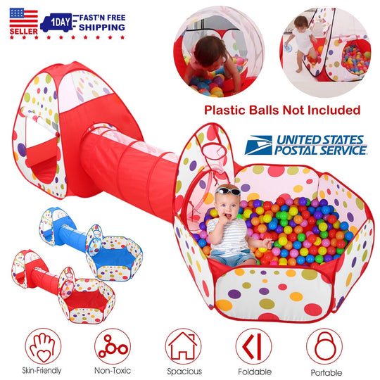 3 In 1 Child Crawl Tunnel Tent Kids Play Tent Ball Pit Set Foldable Children Play House Pop-up Kids Tent w/Storage Bag for Indoor Outdoor Travel Use