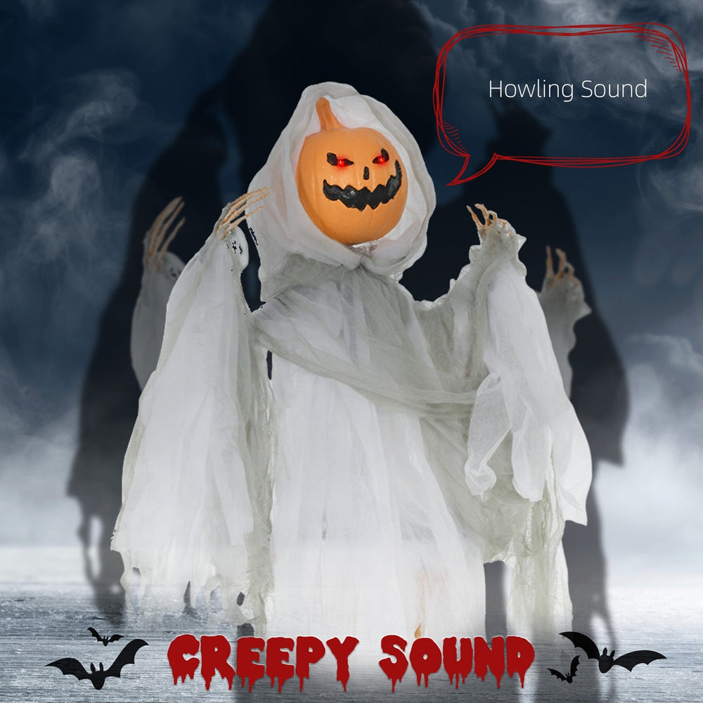 47-Inch Hanging Pumpkin Ghost with Sound Activation & Red Eyes