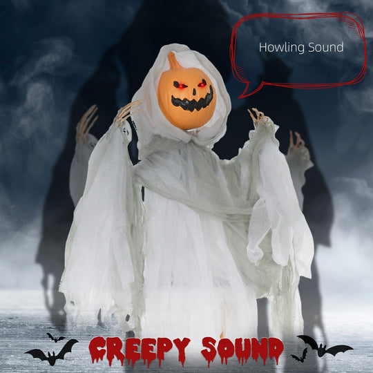 47-Inch Hanging Pumpkin Ghost with Sound Activation & Red Eyes