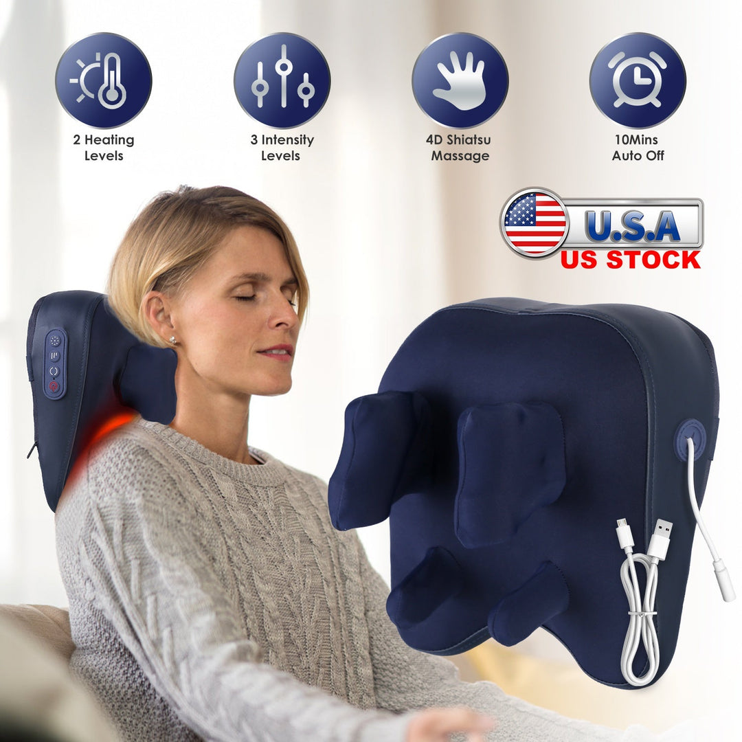 Cordless Neck Shoulder Massager With Soothing Heating 3 Intensity Levels 2 Heating Levels Electric 4D Shiatsu Deep Kneading Pillow For Back Traps Gift