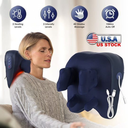Cordless Neck Shoulder Massager With Soothing Heating 3 Intensity Levels 2 Heating Levels Electric 4D Shiatsu Deep Kneading Pillow For Back Traps Gift