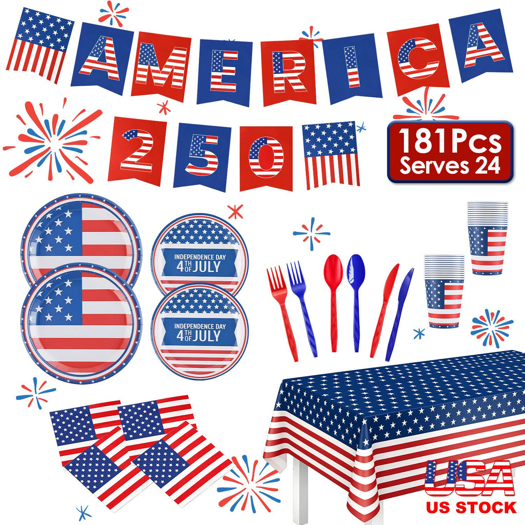 4th of July Party Supplies Set for 24 Guests - 181 Pieces