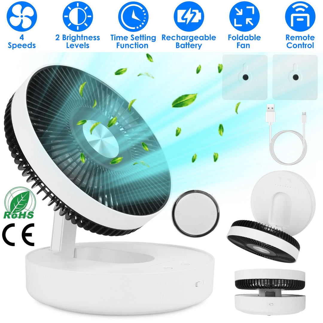 Foldable Rechargeable LED Desk Fan Wall Mounted Fan with Magnetic Remote Hanging Oscillating Fan with 4 Speeds 2 Brightness Time Setting Automatic Rot