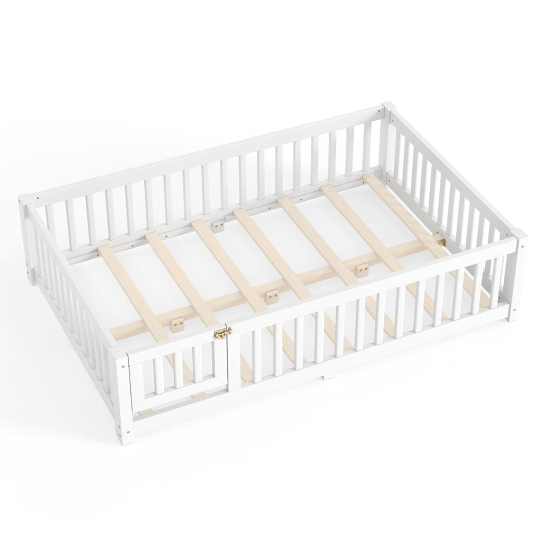 Montessori Floor Bed with Safety Guardrails and Lockable Door