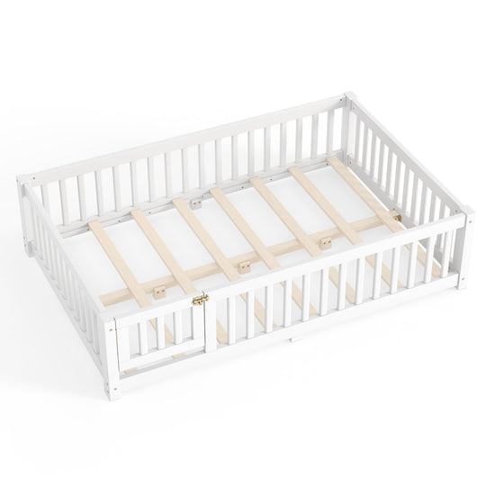 Montessori Floor Bed with Safety Guardrails and Lockable Door