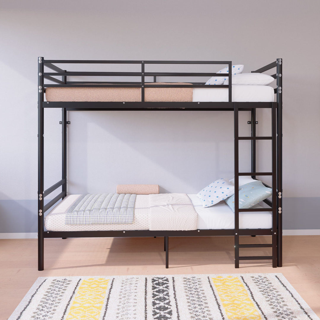 Twin Over Twin Metal Bunk Bed with Ladder and Guardrails