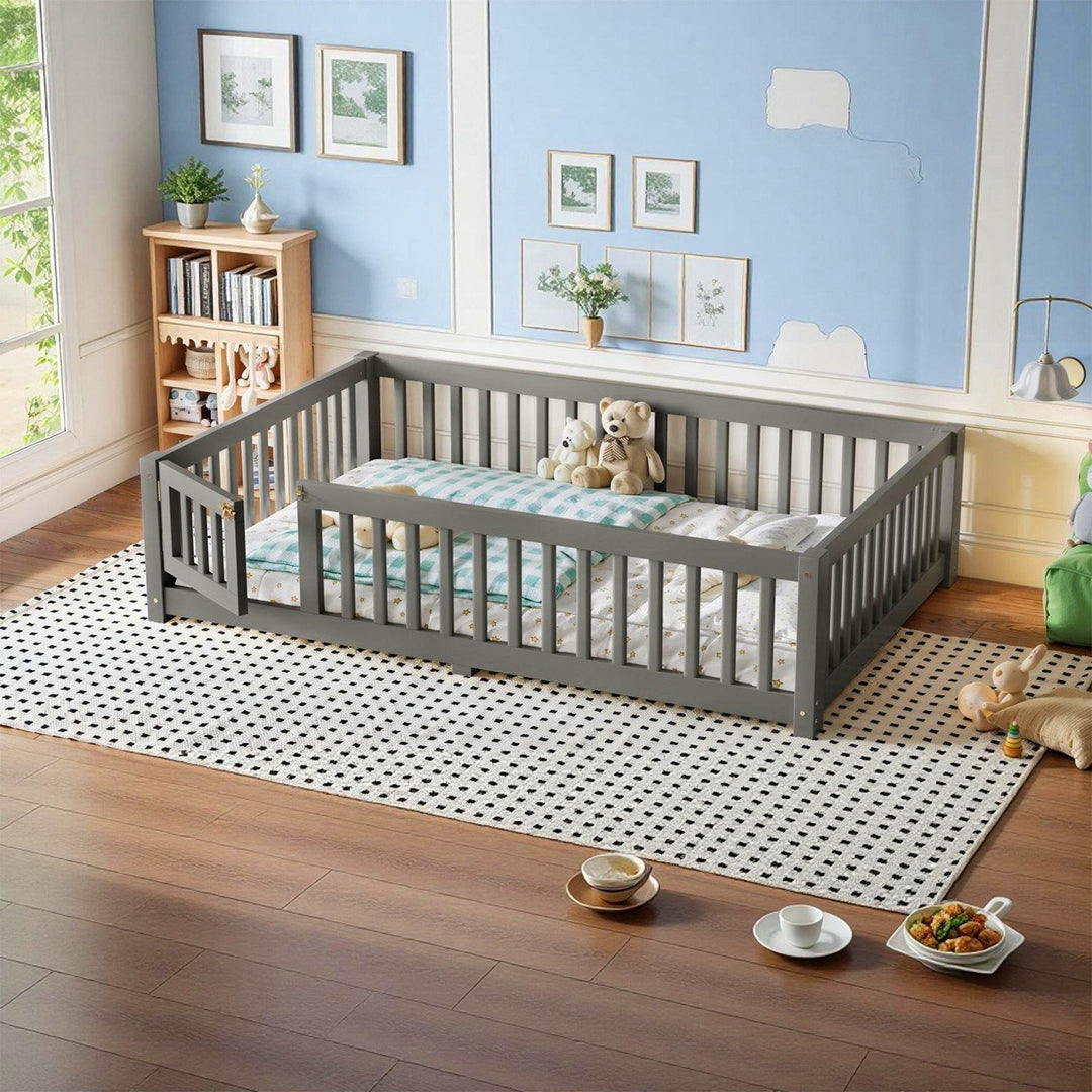 Montessori Floor Bed with Safety Guardrails and Lockable Door