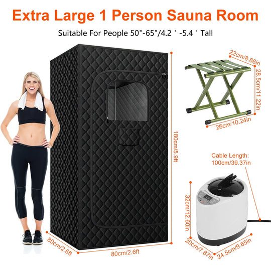 2.6x 2.6x 5.9FTPortable Sauna Tent 1 Person Steam Sauna for Home with 3L/1200W Steamer Folding Chair Remote Control 9 Steam Output Levels 5-95Mins Tim