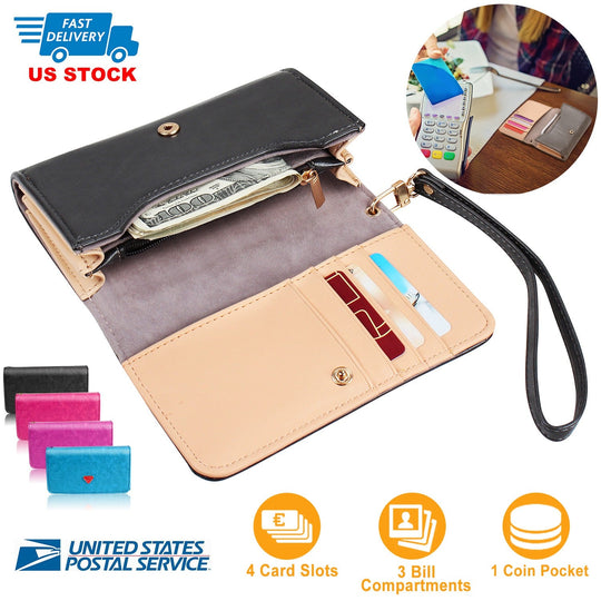 Women Wristlet Wallet PU Leather Lady Purse Credit Card Holder 4 Card Slots 3 Money Pouches 1 Coin Pocket