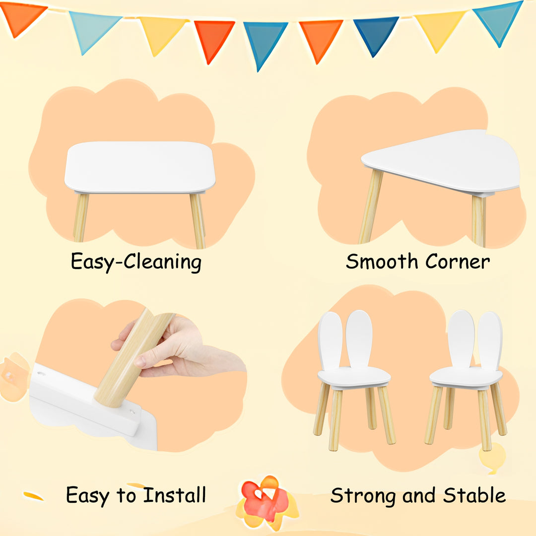3-Piece Kids Wooden Table and Chair Set, Rabbit Ear Themed Toddler Activity Play Table with 2 Chairs, Solid Wood & MDF C