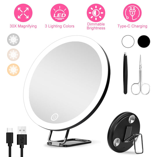30X Magnifying Mirror With Light 3 Colors Dimmable Brightness Included Tweezer Scissor _x000B__x000B_Travel Magnifying Makeup Mirror with Suction Cup 360¡ Adjusta