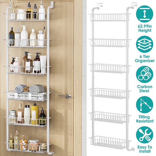 6 Tier Over Door Pantry Organizer Hanging Hooks Door Storage Rack Carbon Steel Basket 62.99in Over Door Shelf for Kitchen Bathroom