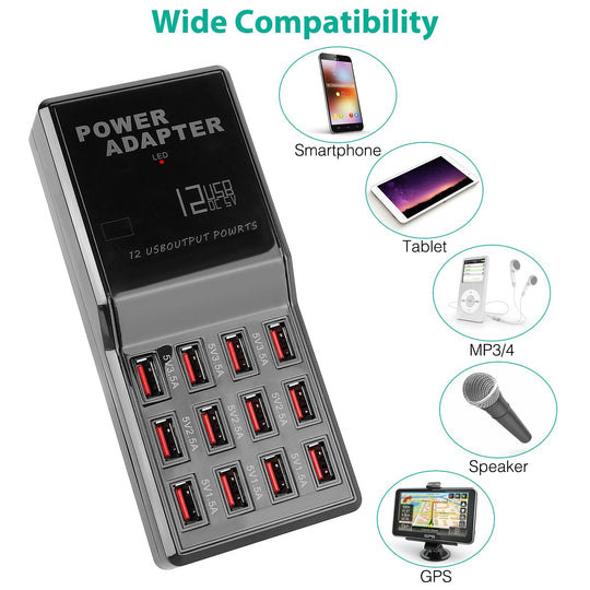 Multi 12 Port USB Charging Station Hub 60W Desktop USB Hub Multiple USB Charger Fast Charge For iPod iPhone 3.74ft Power Cord