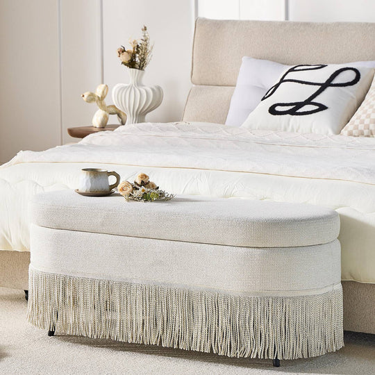 Oval Upholstered Storage Ottoman with Fringe Trim, 39.4"