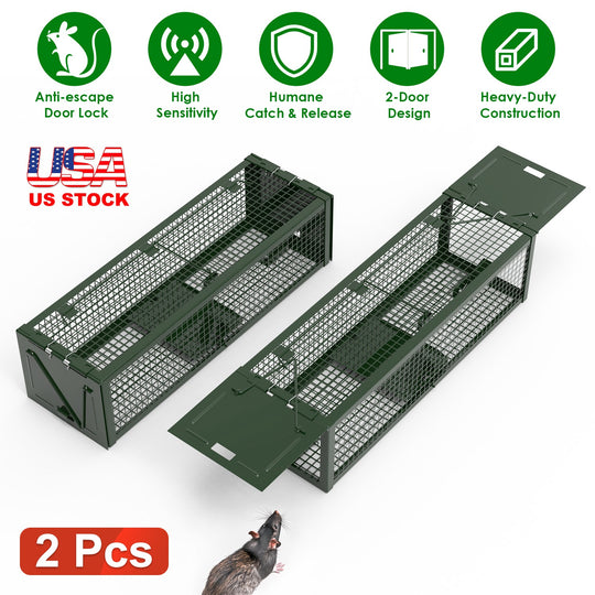 2-Pack Humane Live Rat Trap Cage with Dual Doors