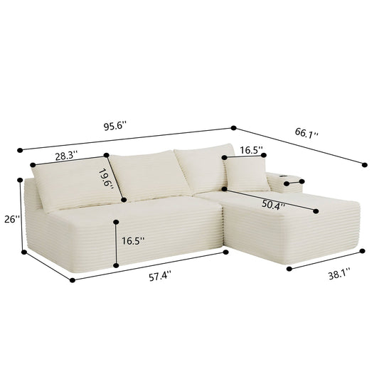 96" L-Shaped Sectional Sofa with Chaise in Plush Corduroy