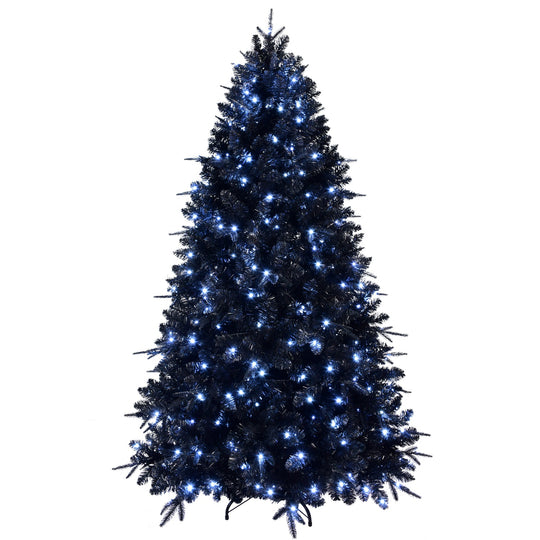 7FT Pre-Lit Black Christmas Tree with 450 White LED Lights 1916 PVC Tips Artificial Christmas Tree with Metal Stand Hing