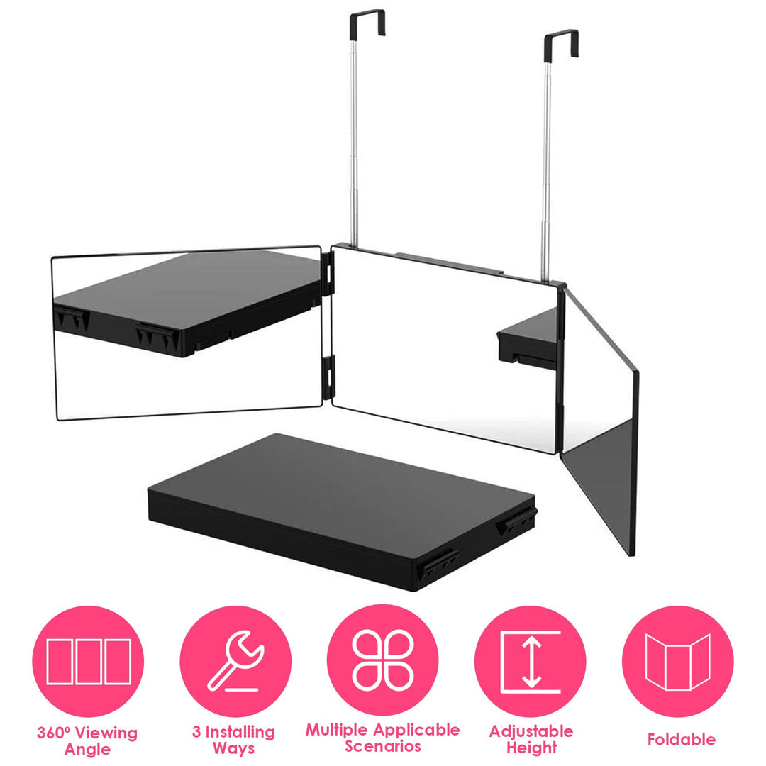 3 Way Mirror with Telescopic Hanger Tri-fold Mirror Personal Makeup Mirror for Self Shaving Hair Cutting Dyeing Curling Braiding