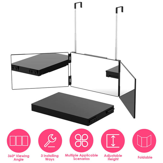 3 Way Mirror with Telescopic Hanger Tri-fold Mirror Personal Makeup Mirror for Self Shaving Hair Cutting Dyeing Curling Braiding