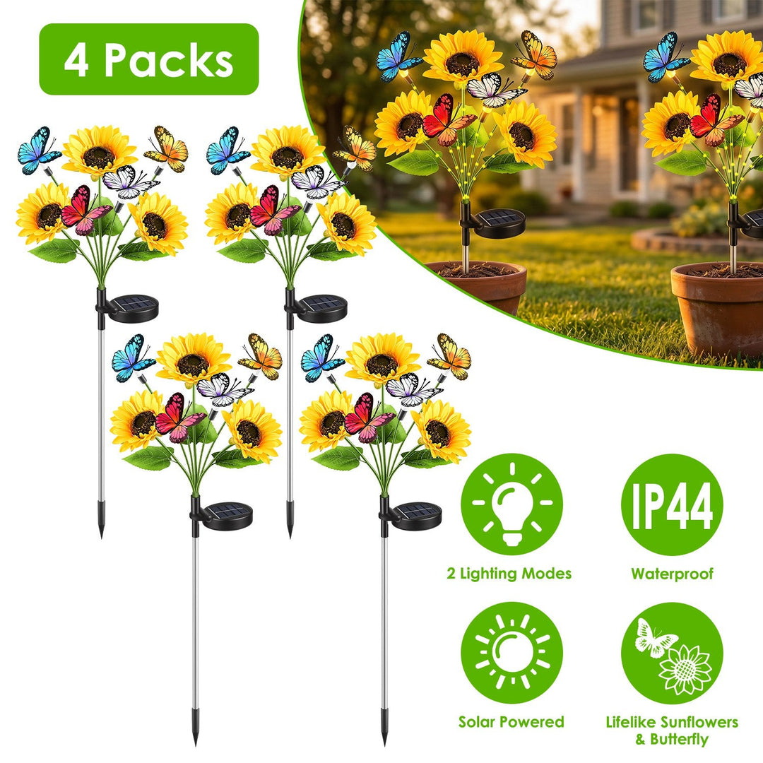 Solar Sunflower Lights with Butterfly Accents - 4 Pack