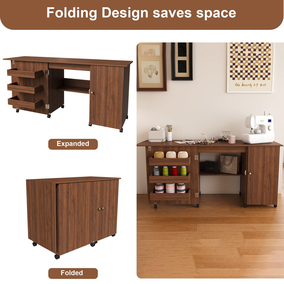 57.5" Foldable Sewing Machine Table with Storage & Casters