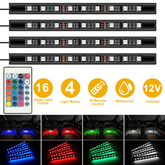4PCS 36LEDs 12V Car Atmosphere Light Strip IP65 Colorful RGB LED Neon Lights IR Remote