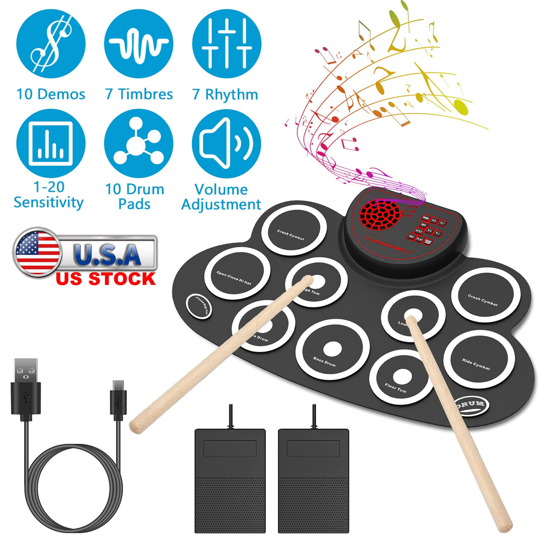10 Pads Electric Drum Set Foldable 10-Drum Silicon Drum Kit Foldable Electronic Drum Pad Machine with Drum Sticks Headphone Jack Speaker Battery Dual-