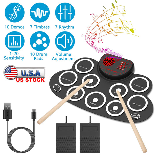 10 Pads Electric Drum Set Foldable 10-Drum Silicon Drum Kit Foldable Electronic Drum Pad Machine with Drum Sticks Headphone Jack Speaker Battery Dual-