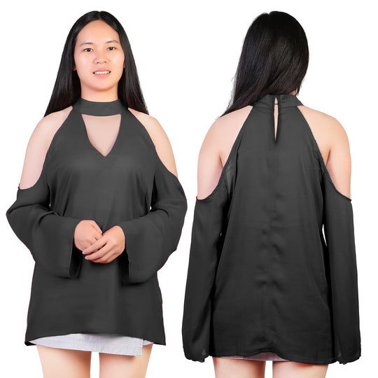 Women\'s Sexy Off The Shoulder Blouses Cold Shoulder Tops V-Neck Long Sleeve T-Shirt Solid Color Summer