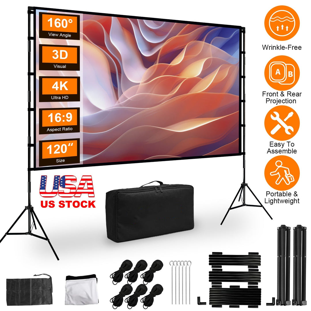 120inch Projector Screen with Stand 16:9 4K HD Rear Front Wrinkle-Free Portable And Foldable Movie Screen with Carry Bag For Indoor Outdoor Home Theat