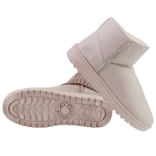 Women Lady Snow Boots Suede Mid-Calf Boot Shoe Short Plush Warm Lining Shoes w/ Anti-slip Rubber Base Knitting Design