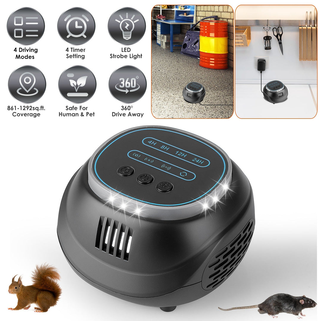 Ultrasonic Rodent Chaser Rat Repellent Pest Driver Mouse Control Squirrel Repeller with 4 Modes 4-65KHz Strobe Light 4 Timer 1292sq.ft. Coverage for R