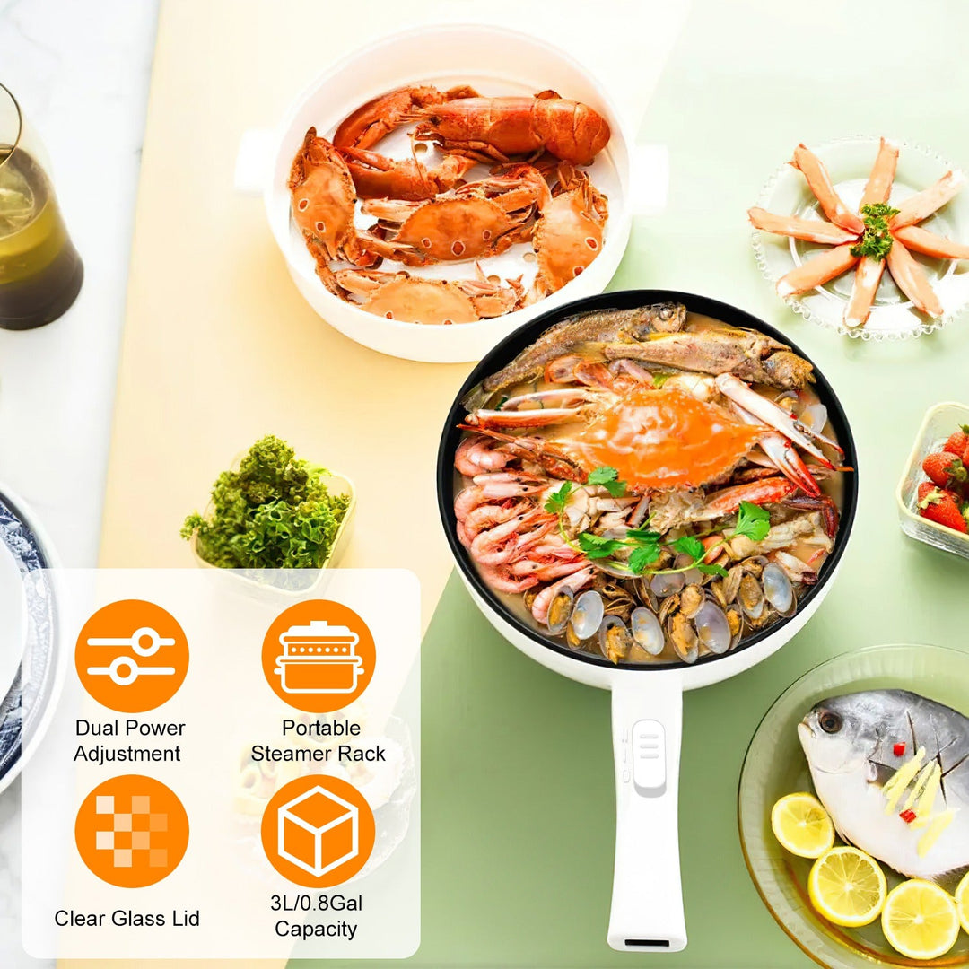 Electric Hot Pot Non-Stick Frying Pan Portable Rapid Noodles Cooker with Long Handle Steamer Spatula Dual Power Control Overheat Dry-Boil Protection f