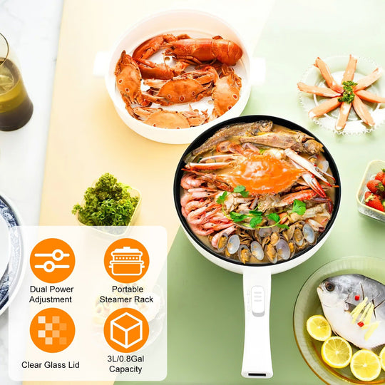 Electric Hot Pot Non-Stick Frying Pan Portable Rapid Noodles Cooker with Long Handle Steamer Spatula Dual Power Control Overheat Dry-Boil Protection f