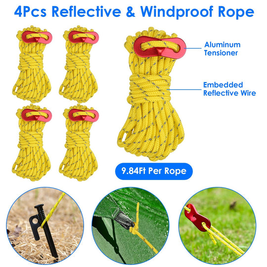 Tent Stakes Camping Hammer Tent Pegs Set Camping Accessories Kit with 9.84FT Reflective Ropes for Camping Hiking Canopy