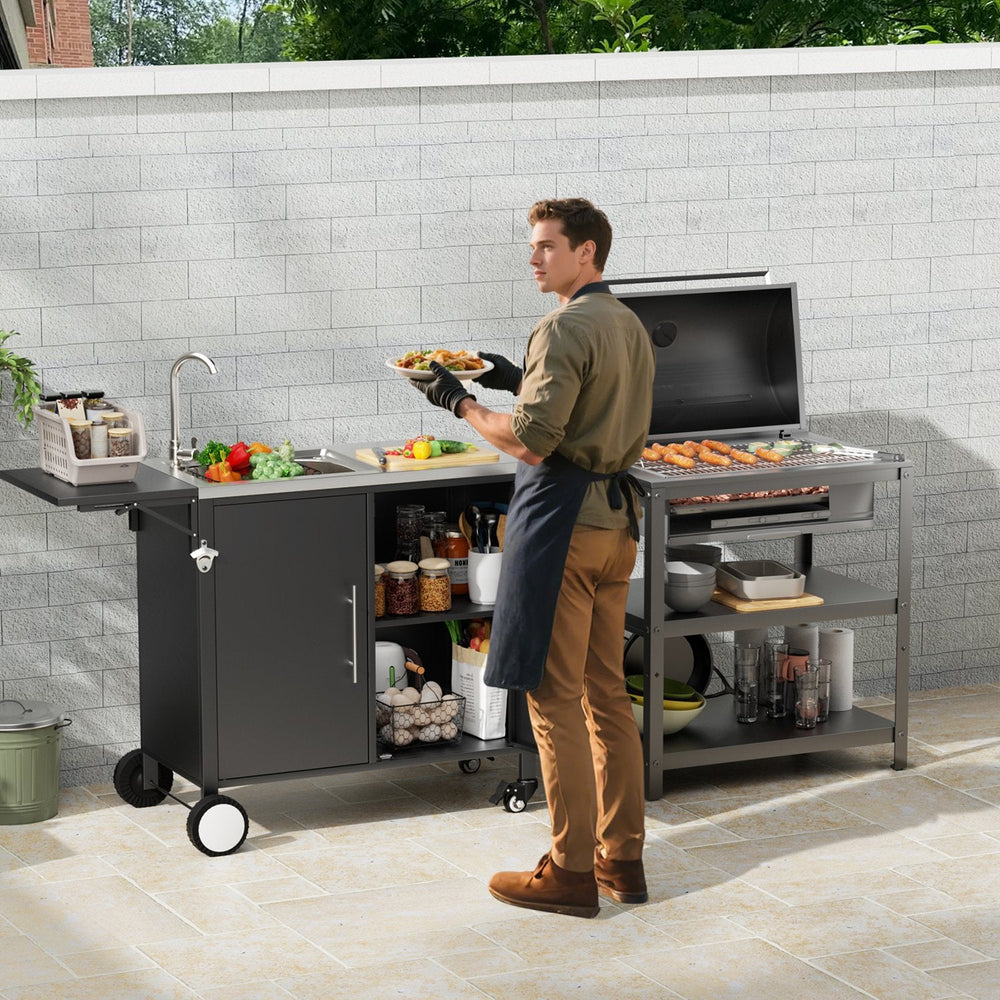 Outdoor Grill Cart with Sink, Storage & Fold-Down Side Table