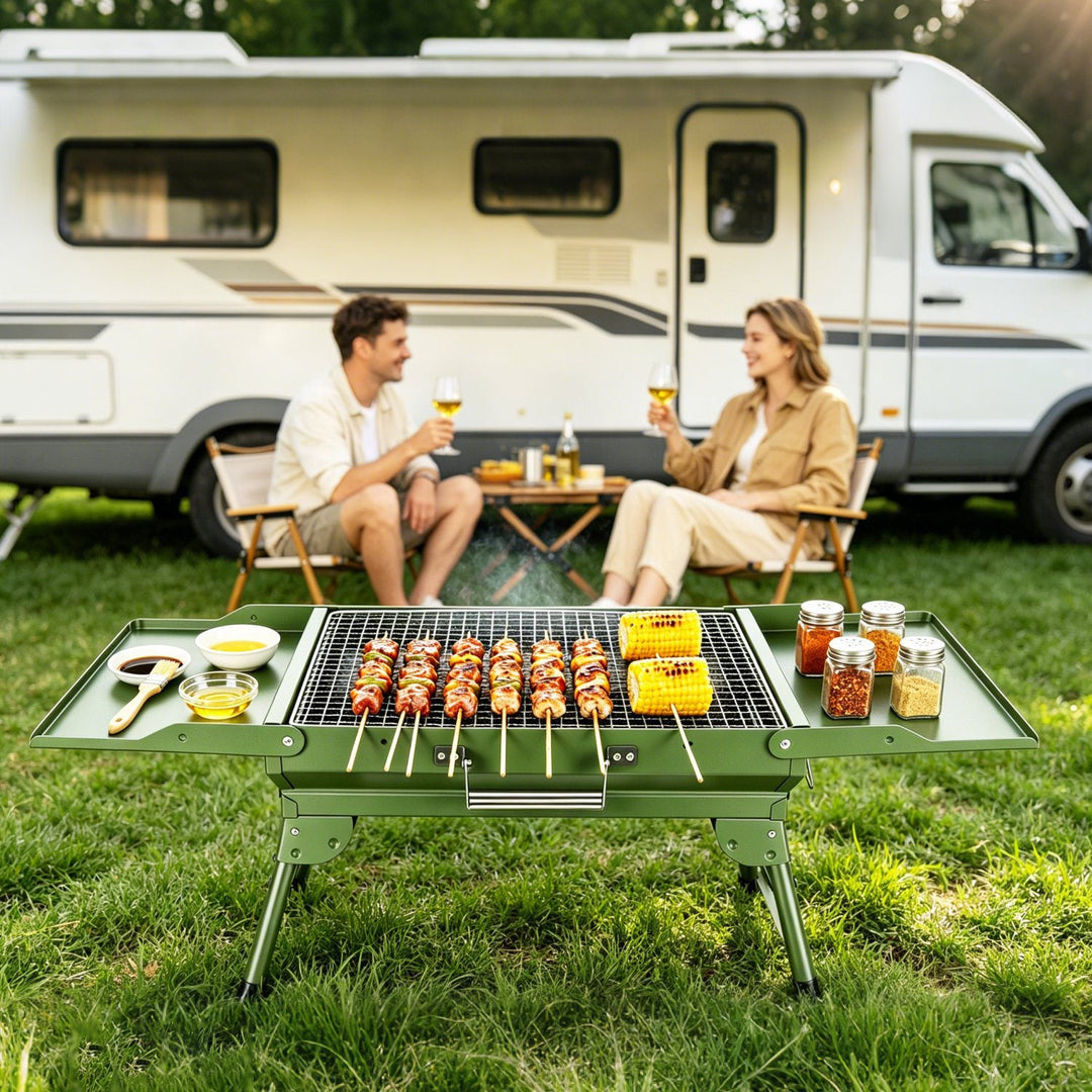 Foldable Charcoal Grill with Storage Shelf and 10 Skewers