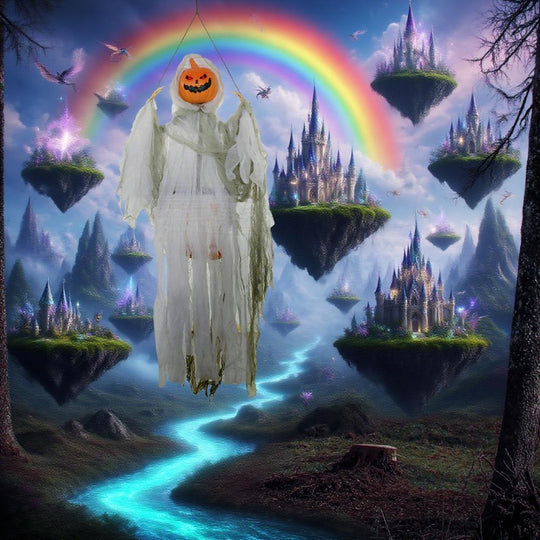 47-Inch Hanging Pumpkin Ghost with Sound Activation & Red Eyes