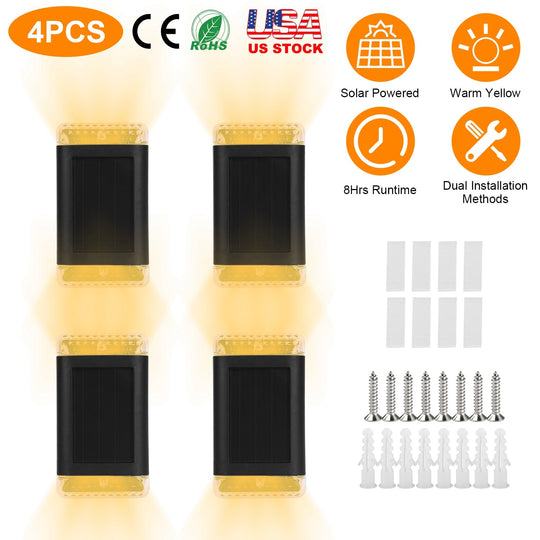 4Pack Solar Powered Wall Sconce Light IP55 Waterproof Rechargeable Optical Sensor Lamp Warm Yellow Lighting Lamp for Outdoor Fence Path Deck Patio