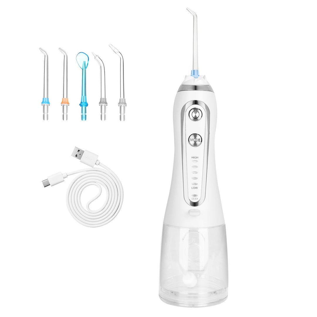 Portable Water Dental Flosser Cordless Rechargeable Dental Oral Irrigator IPX7 Waterproof Teeth Cleaner with 5 Modes 5 Nozzles 10.14oz Detachable Wate
