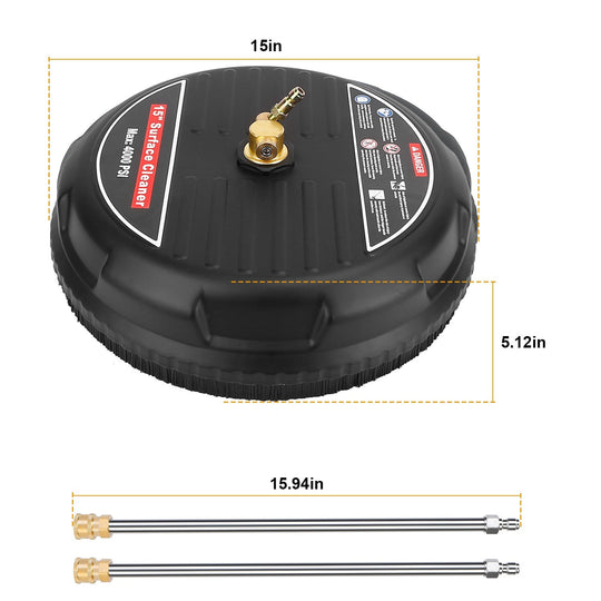 15in High Pressure Flat Surface Cleaner 4000PSI Disc Power Washer Broom w/ 2 Washer Extension Wands 2 x Replacement Nozzles