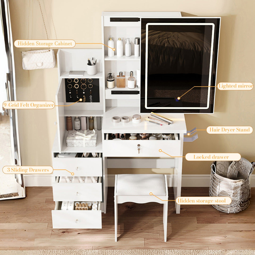 White Vanity Desk Set with LED Lighted Mirror & Padded Stool