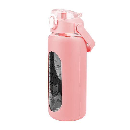 64Oz Glass Water Bottle Sports Water Bottle Motivational Water Bottle Water Intake Tracker Bottle with Straw Time Marker Silicone Sleeve Handle for Gy
