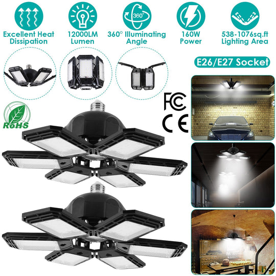2 Packs LED Garage Lights 160W LED Shop Light Deformable E26/E27 Garage Ceiling Lights with 6 Adjustable Lighting Blades for Garage Basement Shop