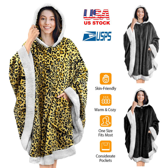 Hoodie Blanket Wrap Wearable Hoodie Snuggle Robe Sweatshirt Soft Lined Cuddle Poncho Cape w/ Hat 2 Pockets Buttons