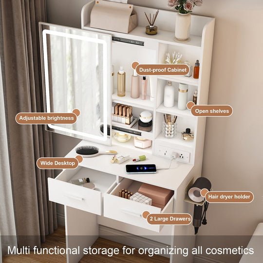 Vanity Desk Set with LED Lighted Mirror & Padded Stool